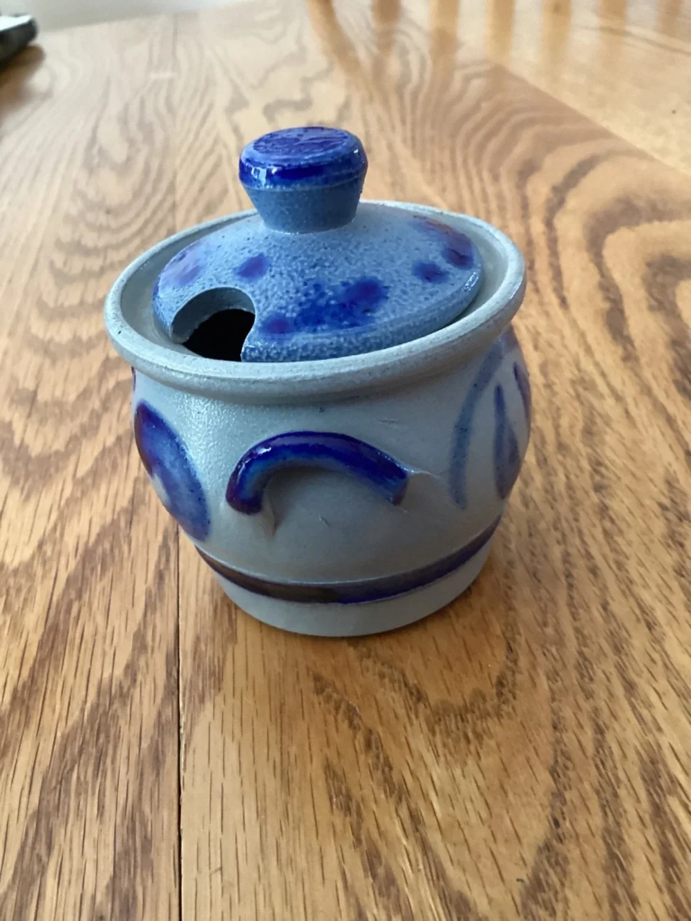 Handcrafted Salt Glazed Small Pottery Jar with Lid and Cobalt Blue Design